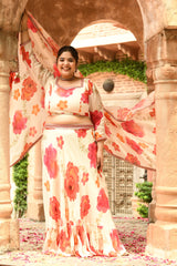 Plus Size White Floral Pure Chinon Lehenga Choli with Dupatta
