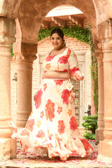 Plus Size White Floral Pure Chinon Lehenga Choli with Dupatta