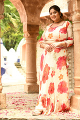 Plus Size White Floral Pure Chinon Lehenga Choli with Dupatta