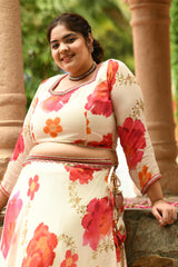 Plus Size White Floral Pure Chinon Lehenga Choli with Dupatta