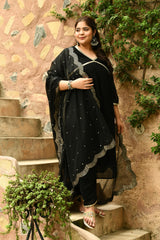 Plus Size Mirror Black Alia Kurta Set with Scalping Dupatta