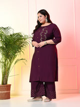 Plus Size Embellished Wine Ring Kurta Set with Dupatta
