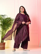 Plus Size Embellished Wine Ring Kurta Set with Dupatta