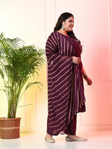Plus Size Embellished Wine Ring Kurta Set with Dupatta