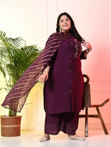 Plus Size Embellished Wine Ring Kurta Set with Dupatta