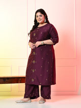 Plus Size Wine Ceroski Kurta Palazzo Set with Dupatta