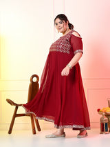 Plus Size Maroon Cold Shoulder Georgette Anarkali with Dupatta