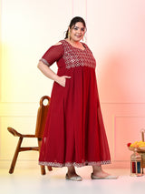 Plus Size Maroon Cold Shoulder Georgette Anarkali with Dupatta