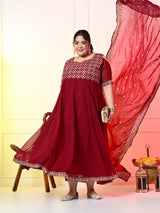 Plus Size Maroon Cold Shoulder Georgette Anarkali with Dupatta