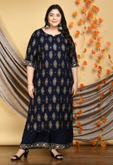 Plus Size Rich Navy & Gold Printed Kurta Palazzo Set