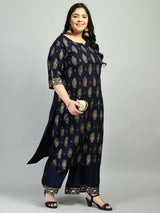 Plus Size Rich Navy & Gold Printed Kurta Palazzo Set