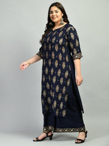 Plus Size Rich Navy & Gold Printed Kurta Palazzo Set