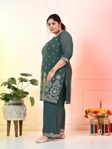 Plus Size Sea Green Embroidered Kurta Set with Dupatta
