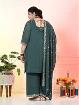 Plus Size Sea Green Embroidered Kurta Set with Dupatta
