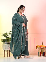 Plus Size Sea Green Embroidered Kurta Set with Dupatta