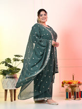 Plus Size Sea Green Embroidered Kurta Set with Dupatta
