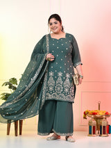 Plus Size Sea Green Embroidered Kurta Set with Dupatta