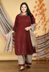Plus Size Mukaish Embellished Maroon Kurta Set