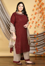 Plus Size Mukaish Embellished Maroon Kurta Set
