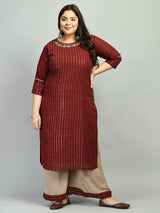 Plus Size Mukaish Embellished Maroon Kurta Set