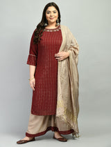 Plus Size Mukaish Embellished Maroon Kurta Set