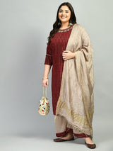 Plus Size Mukaish Embellished Maroon Kurta Set
