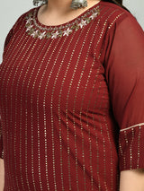 Plus Size Mukaish Embellished Maroon Kurta Set