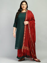 Plus Size Mukaish Embellished Bottle Green Kurta Set