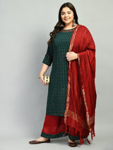 Plus Size Mukaish Embellished Bottle Green Kurta Set