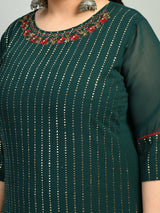 Plus Size Mukaish Embellished Bottle Green Kurta Set