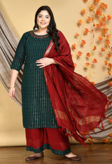 Plus Size Mukaish Embellished Bottle Green Kurta Set