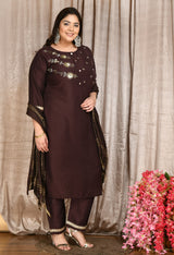 Plus Size Brown Coffee Three Sequin Kurta Set with Dupatta