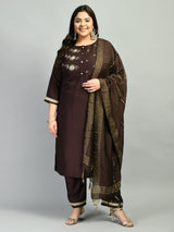 Plus Size Brown Coffee Three Sequin Kurta Set with Dupatta