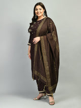 Plus Size Brown Coffee Three Sequin Kurta Set with Dupatta
