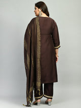 Plus Size Brown Coffee Three Sequin Kurta Set with Dupatta
