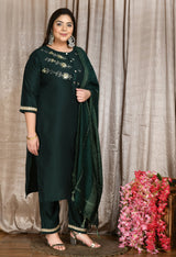 Plus Size Bottle Green Three Sequin Kurta Set