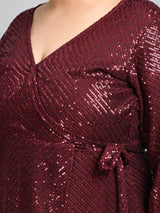 Plus Size Wine Sequence Wrap Dress