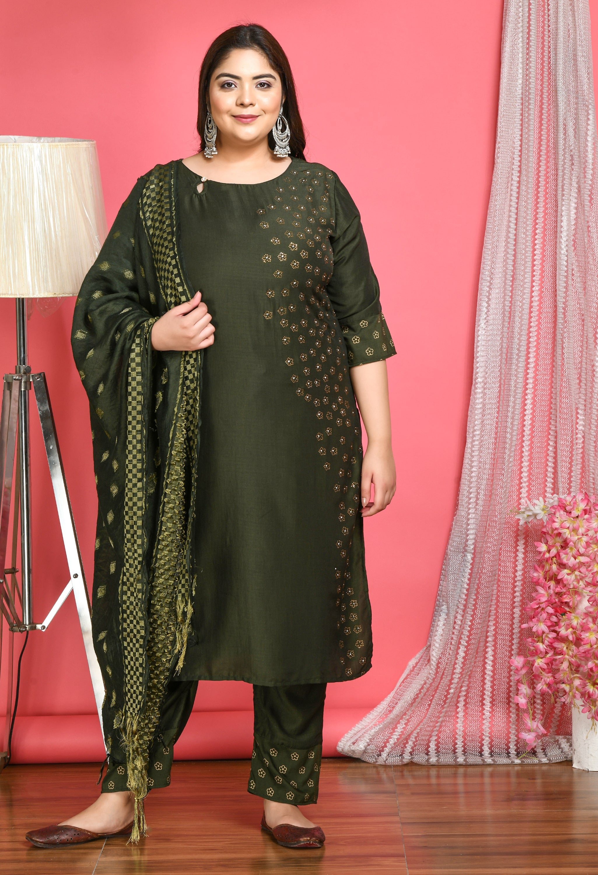 Plus Size Panelled Beads & Stones Pure Cotton Kurta Set main image 0