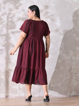 Deep Maroon Tie-Dye Smocked Georgette Midi Dress with Flowy Silhouette