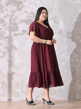 Deep Maroon Tie-Dye Smocked Georgette Midi Dress with Flowy Silhouette