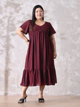 Deep Maroon Tie-Dye Smocked Georgette Midi Dress with Flowy Silhouette