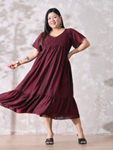 Deep Maroon Tie-Dye Smocked Georgette Midi Dress with Flowy Silhouette