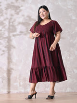 Deep Maroon Tie-Dye Smocked Georgette Midi Dress with Flowy Silhouette