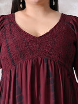 Deep Maroon Tie-Dye Smocked Georgette Midi Dress with Flowy Silhouette