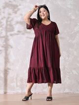 Deep Maroon Tie-Dye Smocked Georgette Midi Dress with Flowy Silhouette