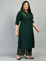 Plus Size Collared Bottle Green Kurta Palazzo Set