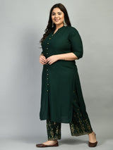 Plus Size Collared Bottle Green Kurta Palazzo Set