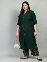Plus Size Collared Bottle Green Kurta Palazzo Set