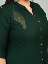 Plus Size Collared Bottle Green Kurta Palazzo Set