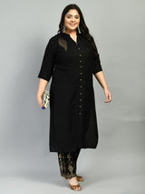 Plus Size Collared Black Kurta Palazzo Set